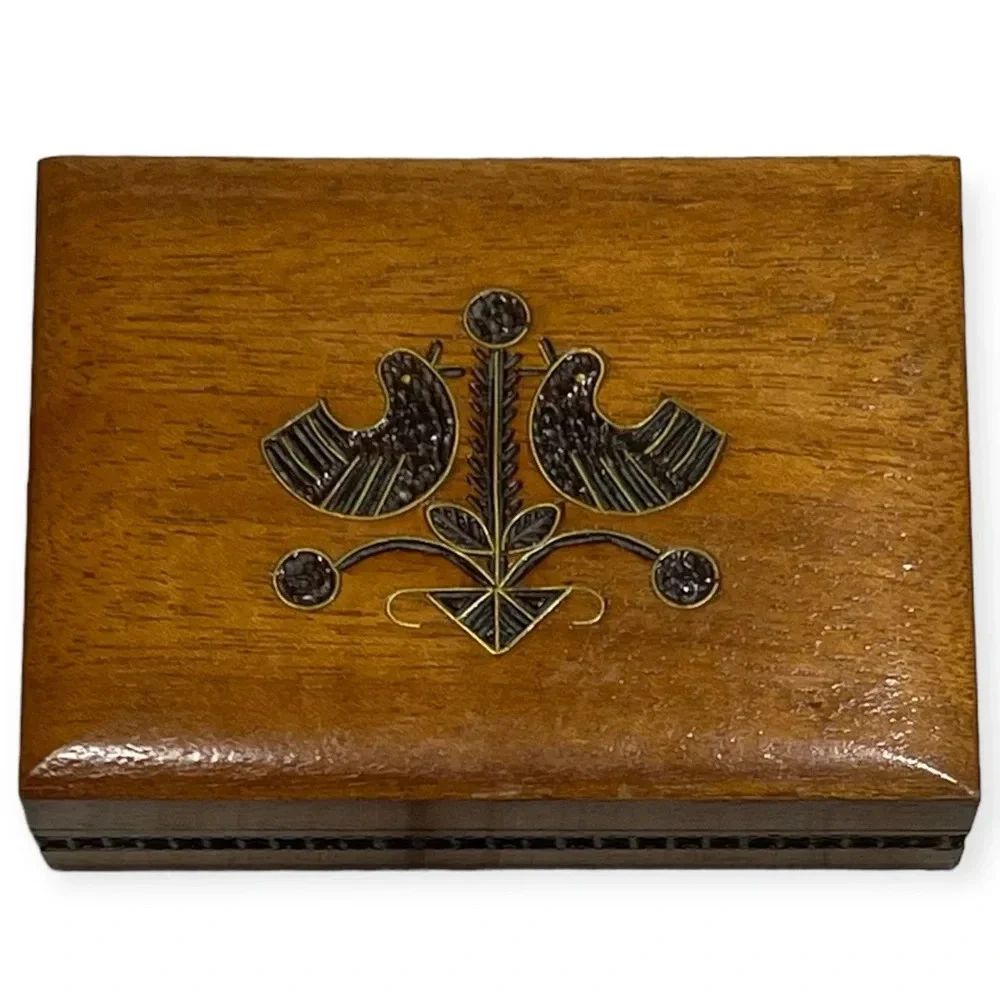 Mid Century Modern Polish Folk Art trinket box with brass inlay bird carvings